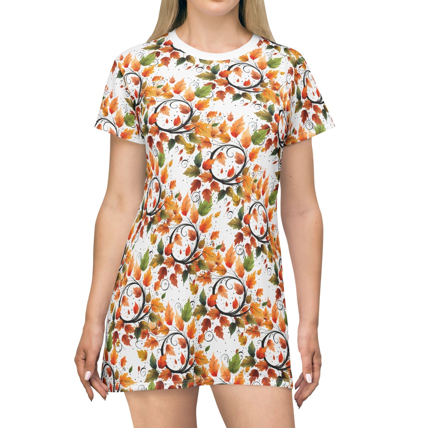 Autumn Floral T-Shirt Dress, Women's Casual Fashion, Fall Outfit, Gift for Her, Boho Style Dress
