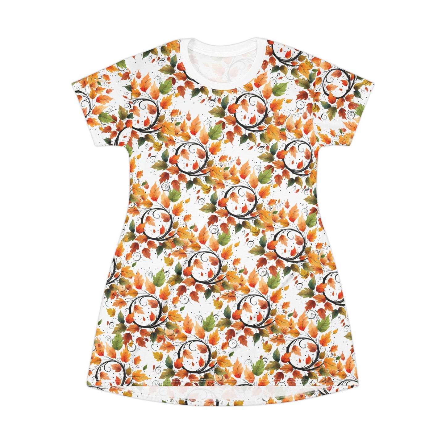 Autumn Floral T-Shirt Dress, Women's Casual Fashion, Fall Outfit, Gift for Her, Boho Style Dress