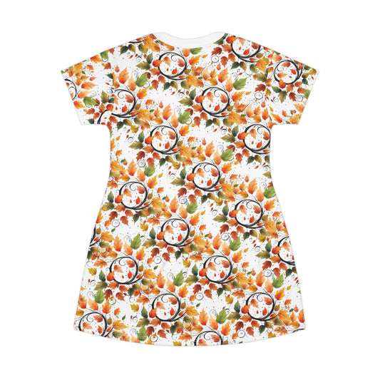 Autumn Floral T-Shirt Dress, Women's Casual Fashion, Fall Outfit, Gift for Her, Boho Style Dress