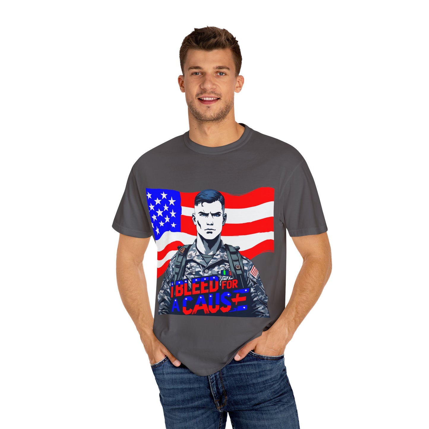 Patriotic Graphic Tee - I Bleed for a Cause, Military Support Shirt, Unisex Casual Wear, American Pride T-Shirt, Gifts for Veterans