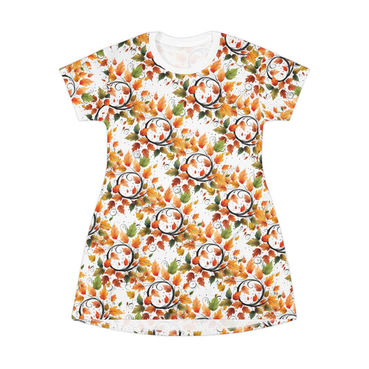 Autumn Floral T-Shirt Dress, Women's Casual Fashion, Fall Outfit, Gift for Her, Boho Style Dress
